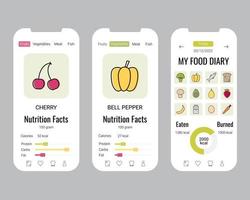 ensemble de modèles vectoriels de conception unique d'interface d'application mobile de compteur de calories et de journal alimentaire. conception d'interface utilisateur matérielle. application de compteur de calories pour smartphone contrôle alimentaire. vecteur