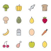 collection d'icône de contour de nourriture et de cuisine. le concept d'une bonne nutrition, de fruits et légumes sains, de viande, de poisson. produits alimentaires à la mode minimalistes pour logo, affiches, art mural, application mobile, web vecteur