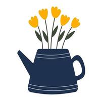 tulipes jaunes dans un vase. fleurs dessinées à la main. jolie illustration botanique plate simple et élégante. vert printanier. illustration pour cartes florales, magasins, voeux du 8 mars, logo. vecteur