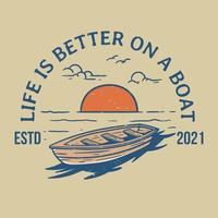 logo de bateau en bois au milieu de l'océan au coucher du soleil dans un style vintage