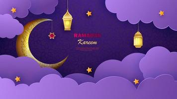 bannière horizontale ramadan kareem avec étoiles et fleurs arabesques 3d. illustration vectorielle. carte de voeux, affiche et bon. croissant de lune islamique avec des lanternes traditionnelles suspendues dans les nuages vecteur