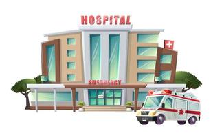illustration plate de style dessin animé de vecteur du bâtiment de l'hôpital et de l'ambulance d'urgence. isolé sur fond blanc.