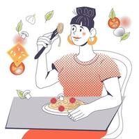 personnage de dessin animé de femme mangeant des pâtes, illustration vectorielle isolée sur fond blanc. jeune fille à manger avec des spaghettis. concept de cuisine et de cuisine italienne. vecteur