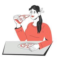 jeune femme mangeant de la pizza à la table, illustration de vecteur de dessin animé isolée sur fond blanc. jeune fille appréciant la cuisine italienne dans une pizzeria ou à la maison.