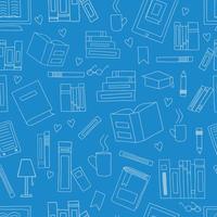 modèle sans couture de vecteur. doodle de nombreuses icônes de livres dispersés en arrière-plan pour le concept d'école d'apprentissage en ligne de l'éducation. pile de livres papier, livre ouvert, livre sur écran d'ordinateur, ebooks, lunettes, coeur vecteur