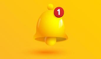 icône de symbole d'alarme de numéro de notification isolée sur fond jaune. signe de cloche jaune avec nouvel abonné pour le rappel des médias sociaux. illustration vectorielle 3d
