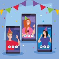 femmes et hommes avec des chapeaux de fête sur la conception de vecteur de smartphones