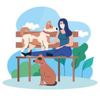 femme portant un masque médical, assise dans une chaise de parc avec des chiens vecteur