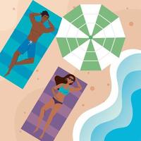 couple afro avec maillot de bain allongé bronzant sur la plage, saison des vacances d'été vecteur