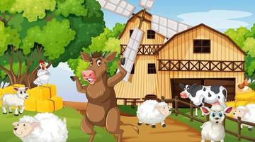 scène avec des animaux de la ferme à la ferme vecteur