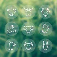 icônes de ligne d'animaux de ferme, bélier, poule, oie, cochon, lapin, taureau, cheval, vache, chèvre vecteur