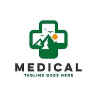 logo illustration symbole croix médicale avec montagne vecteur