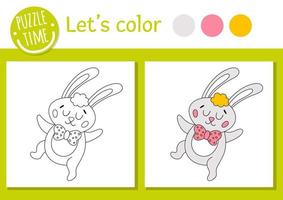 page de coloriage de Pâques pour les enfants. lapin drôle avec arc. illustration vectorielle de contour de vacances avec animal traditionnel mignon. adorable livre de couleurs de printemps pour les enfants avec un exemple coloré vecteur