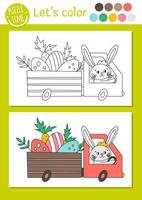 page de coloriage de Pâques pour les enfants. lapin drôle conduisant une voiture avec des œufs et des carottes. illustration vectorielle de contour de vacances avec animal mignon. adorable livre de couleurs de printemps pour les enfants vecteur