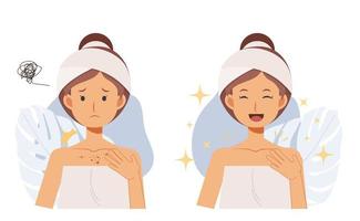 concept de soins de la peau. traitement de l'acné. femme avec de l'acné sur la poitrine, avant et après illustration de personnage de dessin animé vectoriel plat