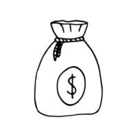 sac avec l'icône de l'argent. argent dessiné à la main dans un style doodle. image vectorielle, dessin au trait, nordique, scandinave, minimalisme, monochrome. icône, autocollant. banque économie entreprise finance vecteur