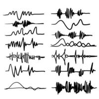 ondes sonores noires. fréquence audio de la musique, forme d'onde de la ligne vocale, signal radio électronique, symbole de niveau de volume style dessin animé doodle dessiné à la main vecteur