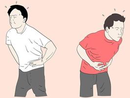 un homme malsain souffre de maux d'estomac ou de gastrite. indisposé mâle touch ventre lutte avec des douleurs abdominales. illustrations de conception de vecteur de style dessinés à la main.