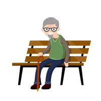 grand-père assis sur un banc. vieil homme avec canne. repos et mode de vie d'un senior drôle. élément de parc. notion de vieillesse. vecteur
