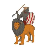 guerrier africain chasse à la lance avec dessin de lion vecteur