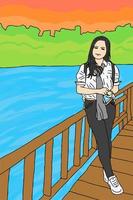 illustration graphique vectorielle d'une fille souriante sur un pont au bord de la rivière pour des besoins de conception ou des produits tels que des livres pour enfants et autres. illustration plate simple. vecteur