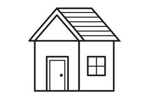 illustration de la maison en noir et blanc. icône de maison d'art en ligne mince noire, illustration de symbole de contour. petite maison avec porte et fenêtre. petite maison de vecteur. vecteur