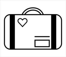 icône de sac de voyage noir et blanc. sac de voyage avec illustration d'icône de coeur avec contour mince noir. illustration vectorielle simple. vecteur