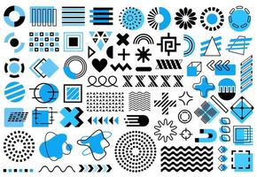 ensemble memphis noir et bleu. icônes géométriques simples, symboles et motifs isolés sur fond blanc. formes abstraites, éléments de conception de vecteur géométrique