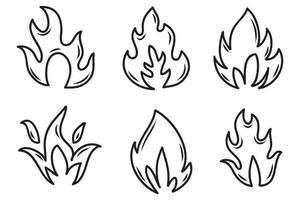 icônes de feu dessinées à la main. jeu de vecteurs d'icônes de flammes de feu. feu de croquis de doodle dessinés à la main, dessin noir et blanc. symbole de feu simple. vecteur