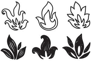 icônes de feu dessinées à la main. jeu de vecteurs d'icônes de flammes de feu. feu de croquis de doodle dessinés à la main, dessin noir et blanc. symbole de feu simple. vecteur