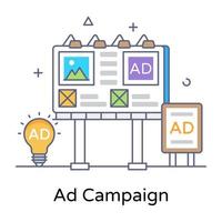 un panneau d'affichage avec publicité et ampoule, vecteur de contour plat de la campagne publicitaire