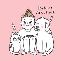 Chat et chien mignons Cartoon prennent le vecteur de la rage vaccinée.