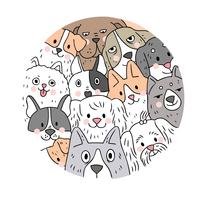 Vecteur de dessin animé visage mignon chiens. Doodle cadre de cercle.