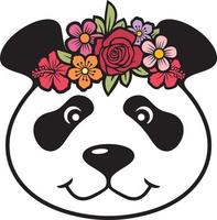 panda fleuri. tête avec des fleurs. vecteur
