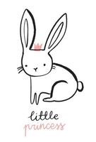 personnage de lapin mignon. illustration de petite fille princesse. lapin doux dessiné à la main avec une couronne rose. vecteur