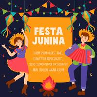 Festa Junina Brésil juin Festival dessiné à la main. Fête de village en Amérique latine. Fille garçon guitare accordéon cactus été tournesol feu de camp. Fond - Illustration vectorielle vecteur