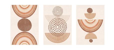 trois affiches pastel sertie de formes abstraites, arcs-en-ciel et illustration vectorielle de cercles. impression d'art nordique minimale avec des éléments géométriques. conception d'abstraction pour le fond, le papier peint, la carte, l'art mural vecteur