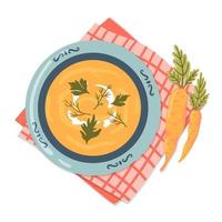 soupe de purée de carottes et tourbillon de crème et feuilles dans une assiette bleue. bouillon de légumes sain végétalien frais. plat du jour. nutrition adéquat. illustration vectorielle pour les menus, les publicités, les sites Web. vecteur