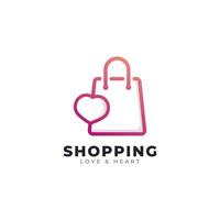 Élément de modèle de conception de logo de boutique d'amour. sac à provisions combiné avec illustration vectorielle d'icône de foyer vecteur