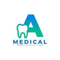logo de la clinique dentaire. lettre initiale de forme bleue a liée au symbole de la dent à l'intérieur. utilisable pour les dentistes, les soins dentaires et les logos médicaux. élément de modèle d'idées de conception de logo vectoriel plat.