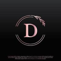 élégant logo floral de cercle de lettre d avec une branche de monogramme de feuille élégante créative et une couleur noire rose. utilisable pour les logos d'affaires, de mode, de cosmétiques, de spa, de science, de médecine et de nature. vecteur