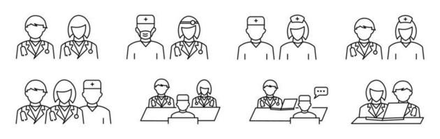 illustration vectorielle du personnel médical, icônes de médecin à plat définies sur le vecteur de style de ligne. icône de médecin et d'infirmière définie dans le style de ligne.