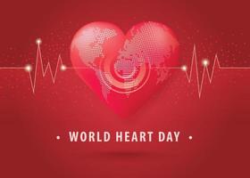 monde en forme de coeur rouge avec battement de coeur, concept d'illustration de la journée mondiale du coeur. monde planète terre avec forme de coeur vecteur