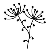 branche d'icône vectorielle avec feuilles et baies. griffonnage dessiné à la main. élément botanique isolé sur fond blanc. le contour de la brindille. silhouette d'une plante sauvage. croquis d'herbes. monochrome. vecteur