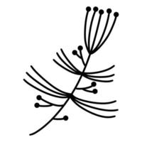 branche avec icône de vecteur de feuilles et de baies. contour de fleur de champ. illustration botanique isolée sur fond blanc. silhouette d'herbe sauvage. doodle végétal dessiné à la main. monochrome.