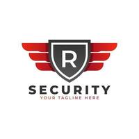 logo de sécurité. r initial avec ailes et icône de bouclier. modèle de logo vectoriel voiture et automobile