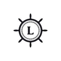 lettre l à l'intérieur du volant du navire et de l'icône de la chaîne circulaire pour l'inspiration du logo nautique vecteur