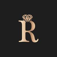 lettre d'or de luxe r avec le symbole du diamant. inspiration de conception de logo de diamant premium vecteur