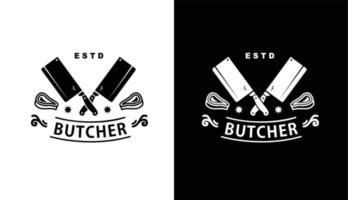 logo de la boucherie avec couperet et couteau de chef, texte du marché de l'agriculteur boucher, viande fraîche