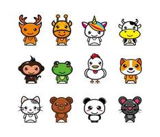 collection de jeu de personnage de conception de mascotte animale mignonne. isolé sur fond blanc. concept de bundle d'idée de logo de mascotte de personnage mignon. cerf, girafe, licorne, vache, singe, grenouille, poulet, chien, chat, ours, panda vecteur
